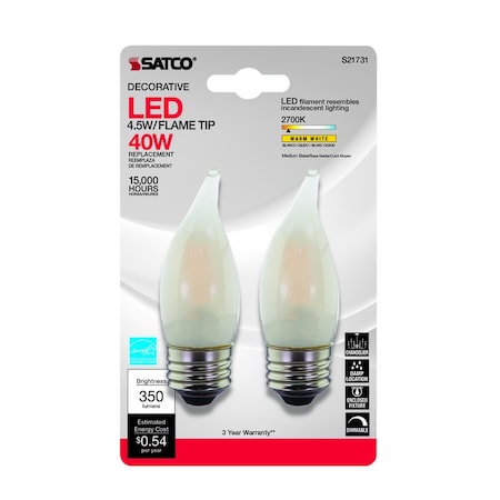 Satco CA10 (Flame Tip) E26 (Medium) LED Bulb Warm White 40 Watt Equivalence 2 pk S21731